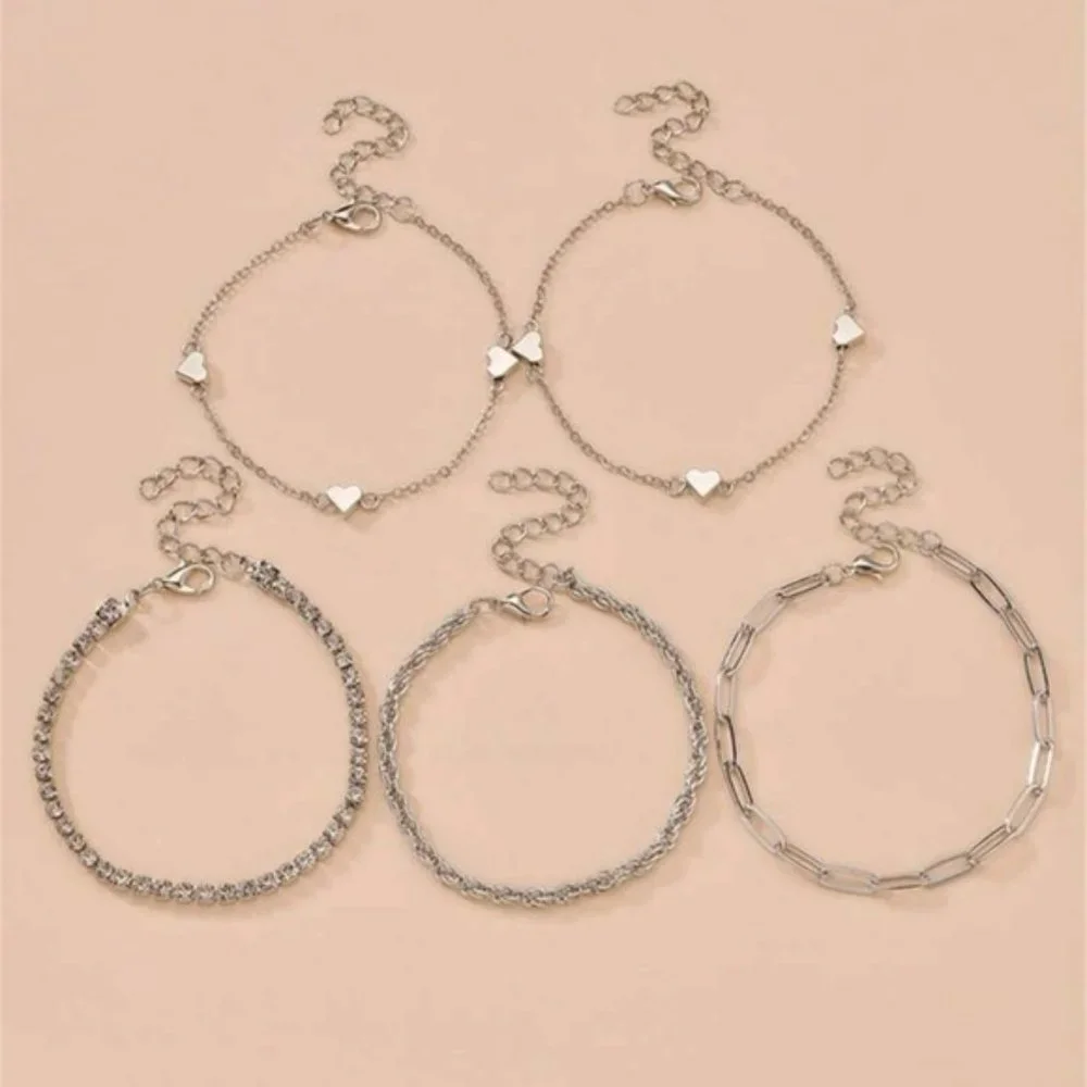 5pcs Rhinestone & Heart Decor Bracelet For Women Fashion Jewelry Gift We…